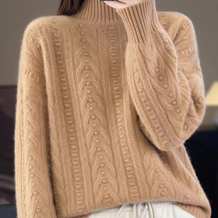 Zopfmuster Halber Rollkragen Weich Wachsartig Verdickt Lockerer Pullover Wolle Gestricktes Oberteil