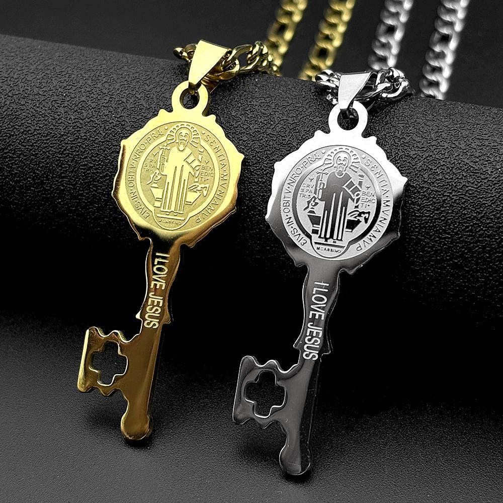 Catholic Saint Benedict Medal Key Shaped Pendant Necklace Stainless Steel I LOVE JESUS San Benito Chain Amulet Jewelry Gift