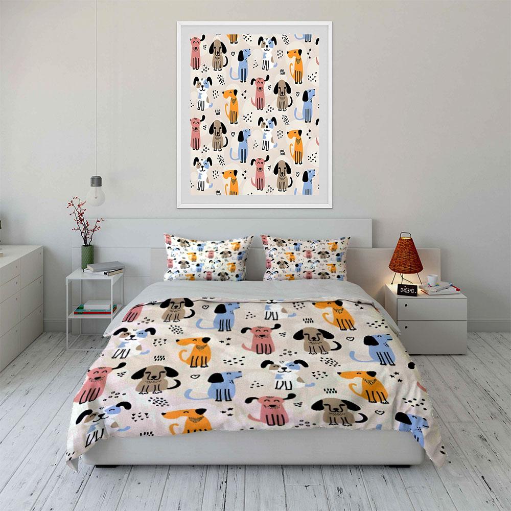 Playful Dog Pattern Set  Kid'S And Adults' Bedroom Decor, Exquisite Three-Piece Bedding Set Gift