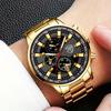 3PCS Men Fashion Sports Watches Luxury Gold Stainless Steel Wrist Watch for Mens Business Wristwatch Bracelet Necklace Set