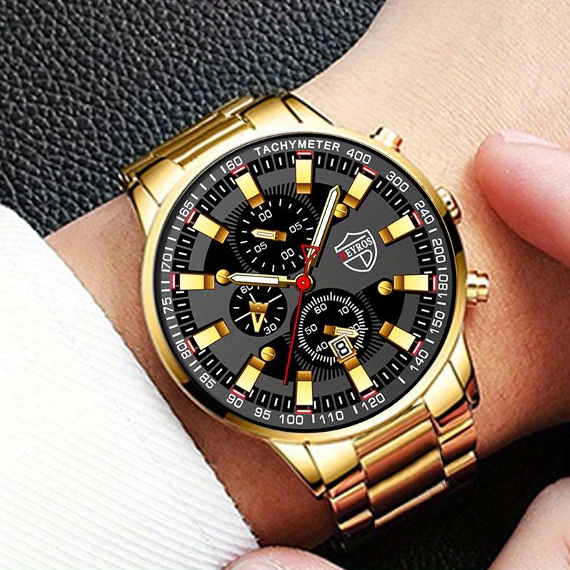 3PCS Men Fashion Sports Watches Luxury Gold Stainless Steel Wrist Watch for Mens Business Wristwatch Bracelet Necklace Set