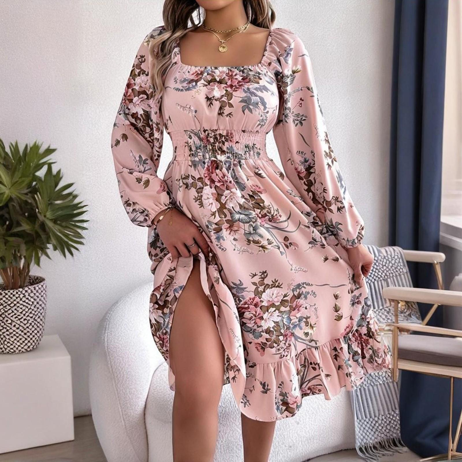 

Женское модное повседневное платье с длинным рукавом и квадратным вырезом с цветочной вышивкой, элегантное, темпераментное XL розовый