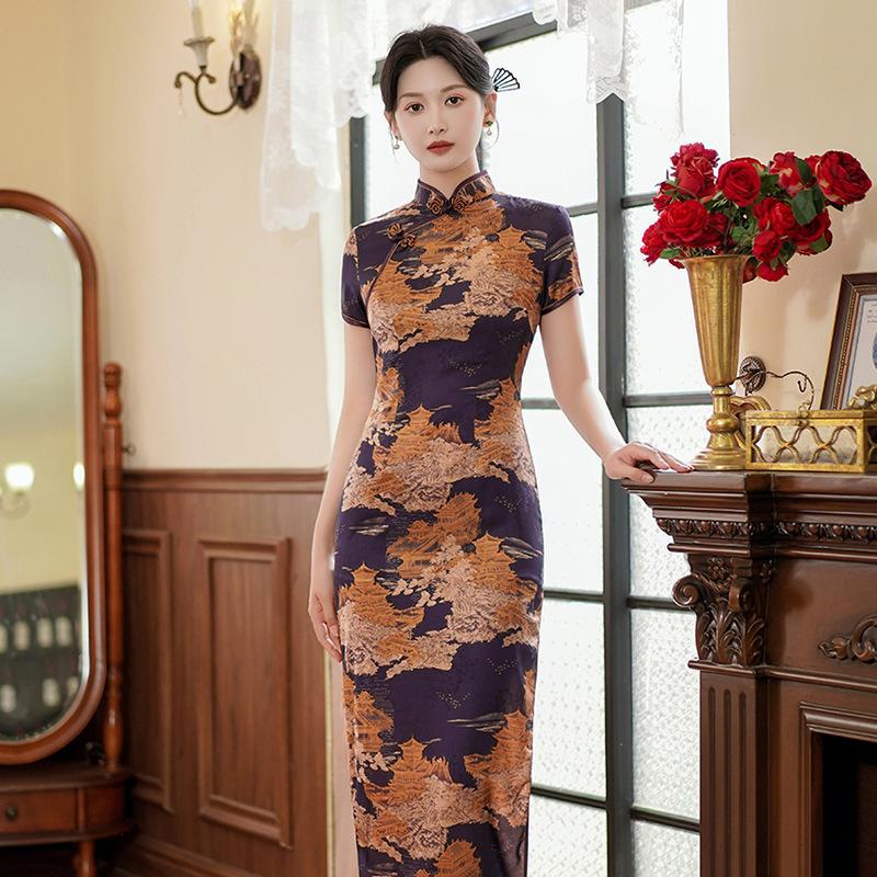 Women's Spring and Summer Retro Slim Cheongsam Long Dress Banquet Performance Elegant Dresses