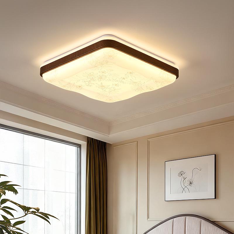 Zen Song Dynasty Walnut Solid Wood Ceiling Light with Fabric Shade