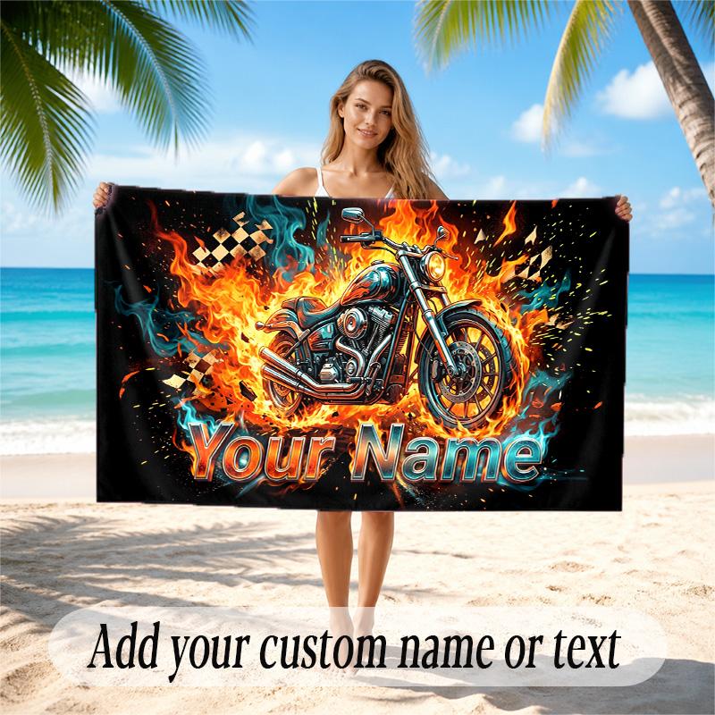Motorcycle Biker Theme Quick Dry Beach Towel Custom Name Text Print Large Sand Resistant Towel Beach Vacation