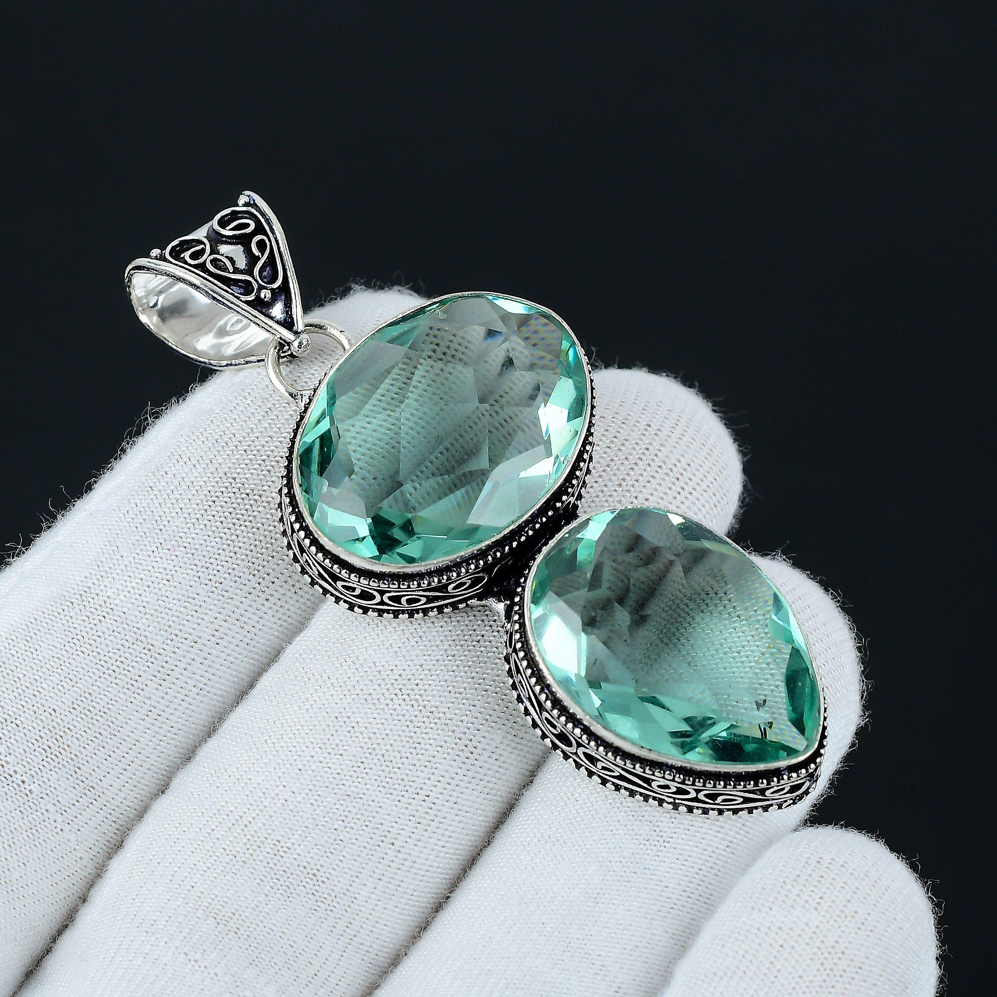 

Подвеска из стерлингового серебра 925 пробы с зеленым апатитом и двойным драгоценным камнем ручной работы, ювелирные изделия из ожерелья с зеленым апатитом Ожерелье из зеленого апатита для женщин для нее