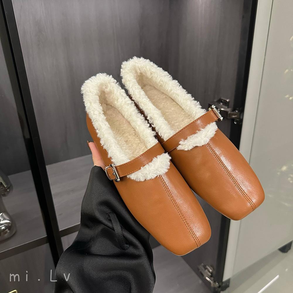 fashion Sweet Women Flats Loafers Round Toe Winter Dress Shoes Beige Black Brown Belt Buckle Casual Dress Shoes Woman Slip On Size 35-39