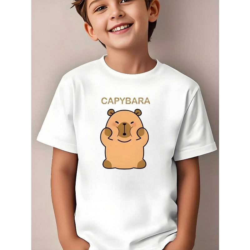 European sizes Fashionable Short-Sleeve Shirt for Boys, Perfect for Adorable Kids. This Black T-Shirt Featuring a Cute Capybara Design