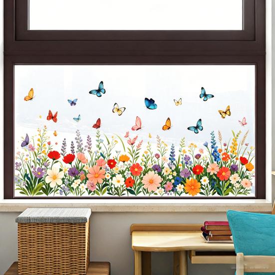 Yousheng Colorful Flower Butterfly Window Cling, Waterproof PVC Static Glass Sticker, Removable No Adhesive Window Sticker for Home Bedroom Kitchen
