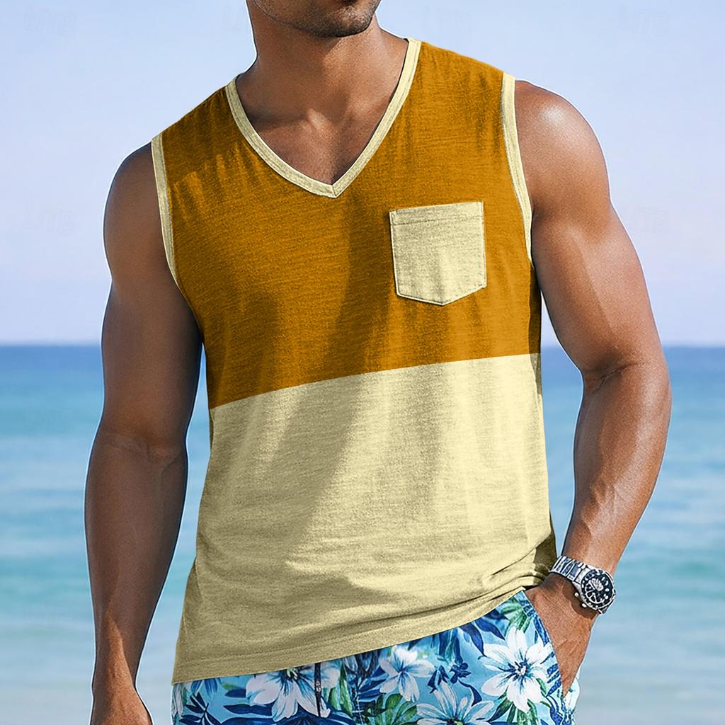 Men Sleeveless Casual Tank Top with Wide Shoulder Straps Chest Pocket and Panel Design for Everyday Wear