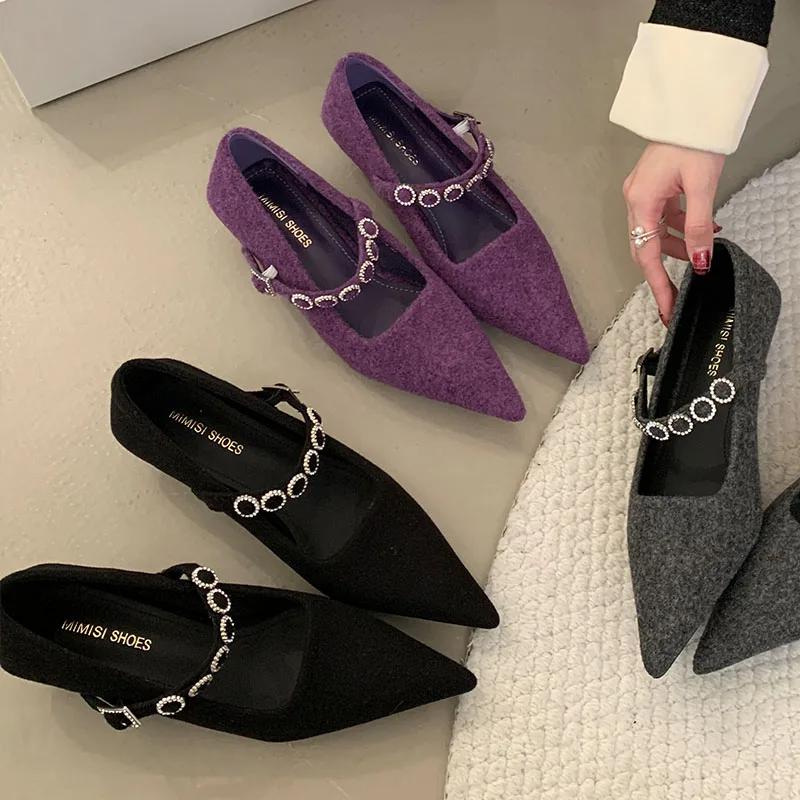 Luxury Satin Rhinestone Pointed Toe Buckle Shallow Low Heeled Women Shoes 2025 New Fashion Brand Designer Wedding Women's Pumps