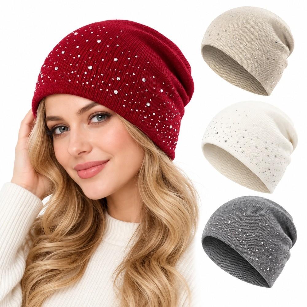 Shiny Rhinestone Decor Pullover Beanie Coldproof Winter Fall Hat Knitted Hat Daily Winter Wear