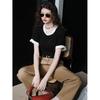 Jomi French Fake Two-piece Pleated Short-sleeved Contrasting T-shirt 1111 Summer New Loose and Relaxed Top