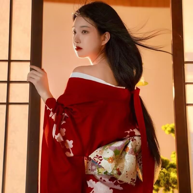 BUITVOZE Kimono Set and Hair for Cherry Blossom Adult and Heko Obi Size Fits One Size Fits Women's 4-Piece (Yukata, Obi, Fan, Accessory) Viewing,