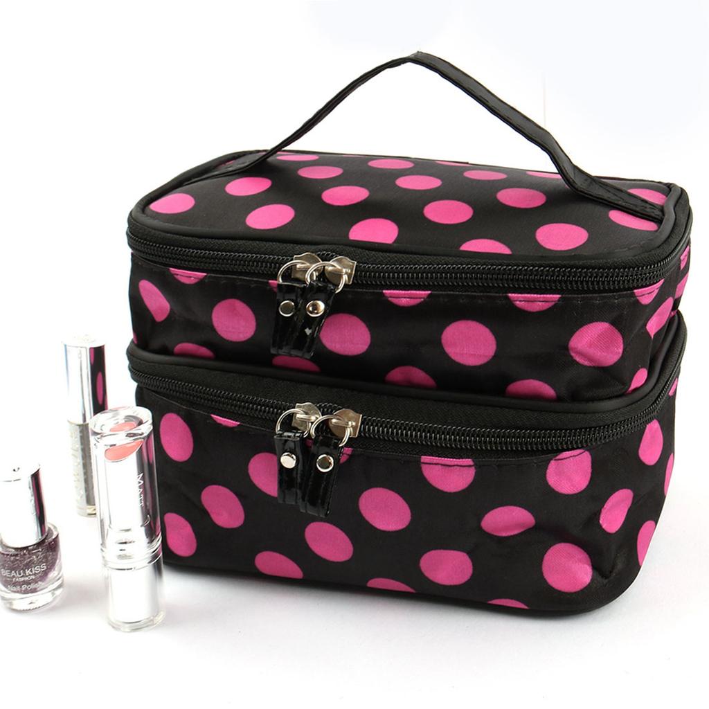 Travel Cosmetic Makeup Bag Organizer Double Layer Dot Pattern Toiletry Bag Case Pouch With Mirror For Woman