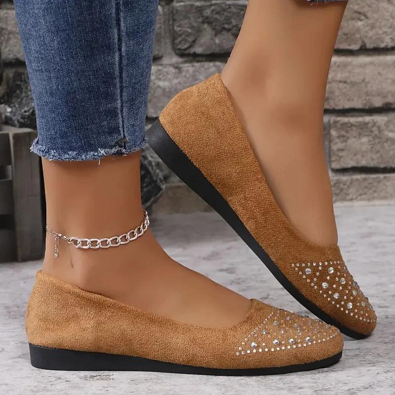 Platta Skor Dam 2026 Lätta Ballerina Sneakers Dam Glänsande Kristall Lågskor Dam Flock Mjuk Sula Gångskor för Dam