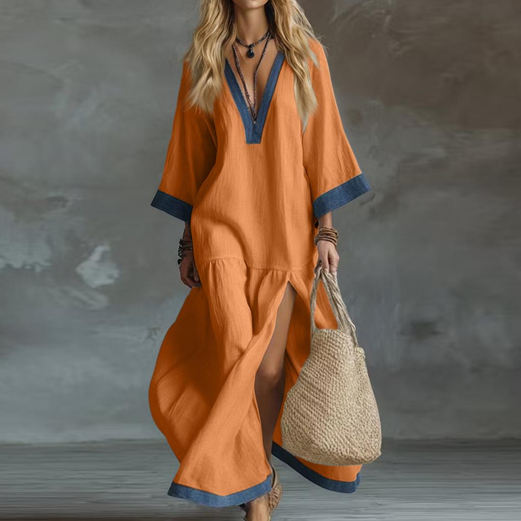 Women's V-Neck Loose Fit Bohemian Patchwork Slit Dress