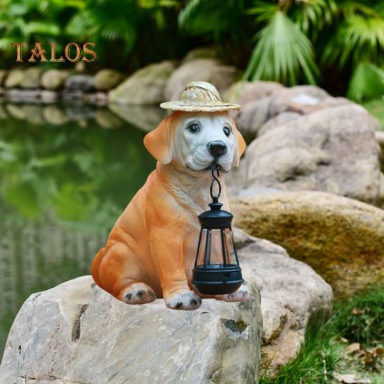 Statuie de cățeluș din rășină cu lumină solară de grădină cu lanternă solară cu LED decor în aer liber Sculptură de cățeluș rezistentă la intemperii pentru curte, terasă, peluză, verandă