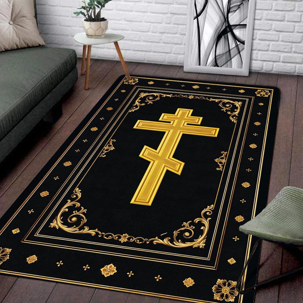 Tappeto Croce Cristiana Ortodossa Design Embossato Oro Retrò Stanza della Preghiera Religiosa Soggiorno Tappetino della Fede Idea Ornamento per Cristiani