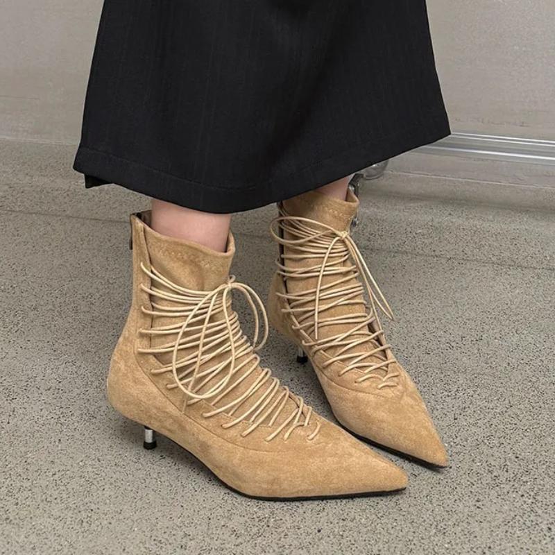 Retro Lace Up Pointed Toe Ankle Boots Women Suede Low Heel Fashion Dress Short Boot Ladies New Autumn Women Boots Botas Mujer
