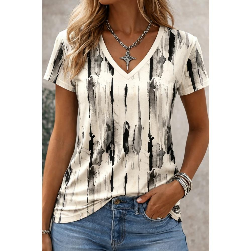2025 Ethnic Women's T-Shirt Vintage Flower Graphics Fashion Short Sleeved V-Neck Regular
