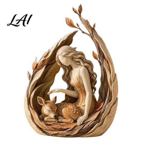 Resin Animal Sculpture Woodland Guardian Figurine Rustic Forest Woman with Fox Deer Owl Artistic Keepsake Boho Tabletop Ornament for Shelf