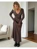 Women's Knitted Dress Elegant V Neck Thick  A-line Dress Brown Long Sleeve Vintage Midi Casual Dresses for Women