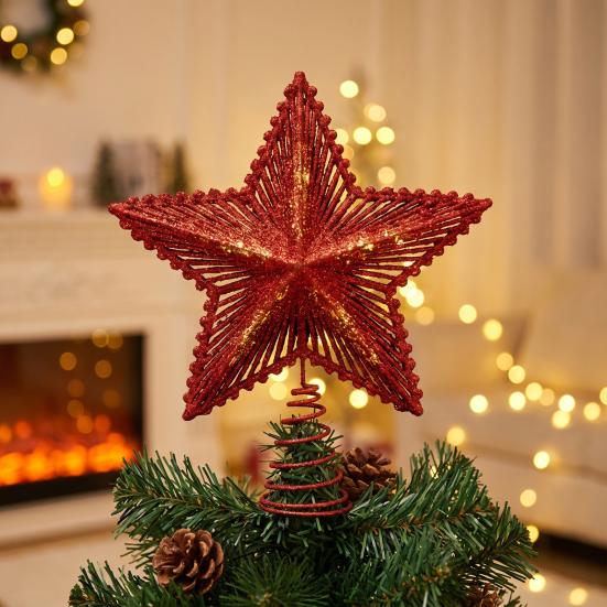 Christmas Seasonal Decor Glitter Star Tree Topper, Hollow Treetop Ornament, Sparkling Decoration for Holiday Home Party Window Display