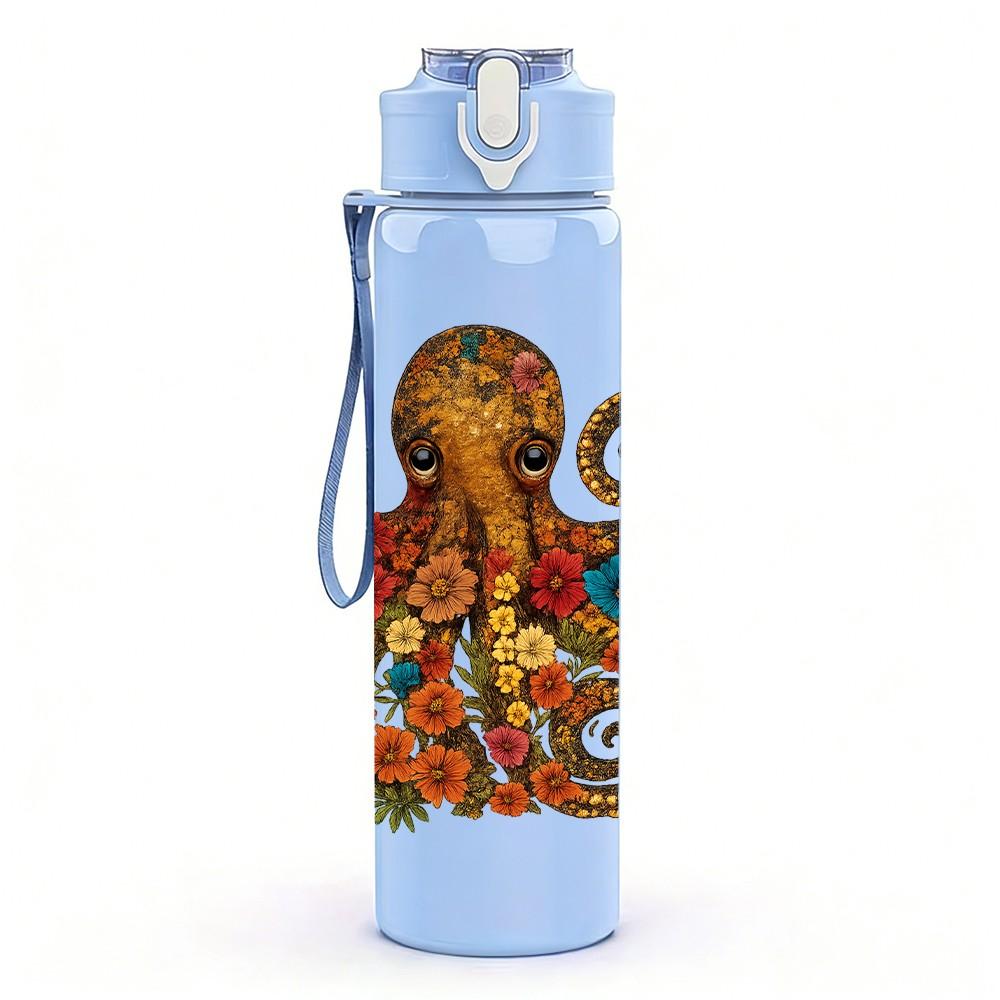 1PC Vintage Octopus Illustration 750ml Color Plastic Sports Water Bottle Leakproof Flip Straw Lid Suitable for Sports Office Home Use