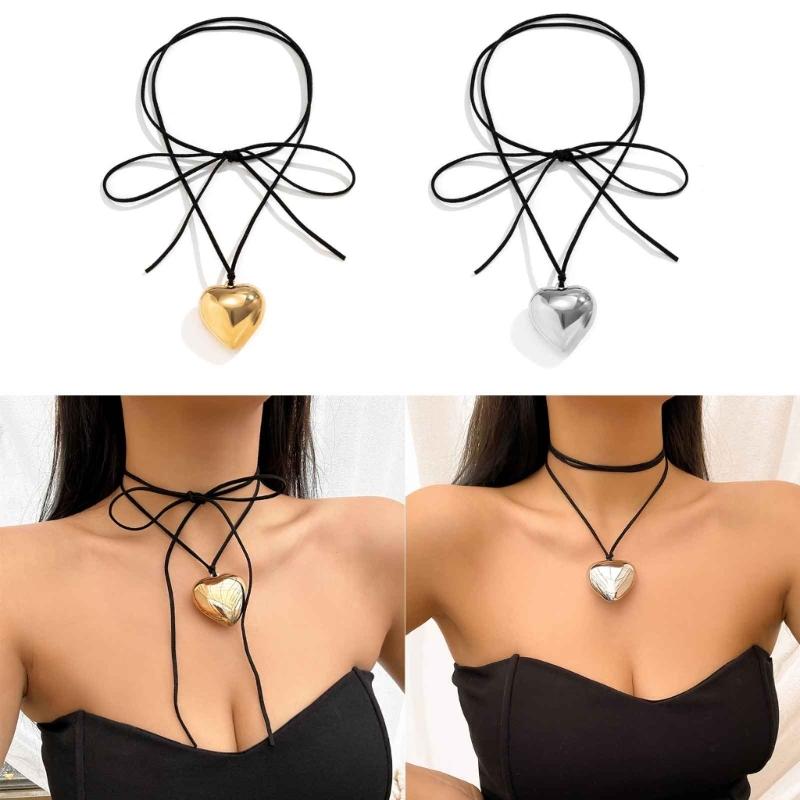 Fashion Punk Necklace Big Love-Heart Pendant Necklace Women Adjustable Wax Rope Chain Necklace Party Jewelry Ornament