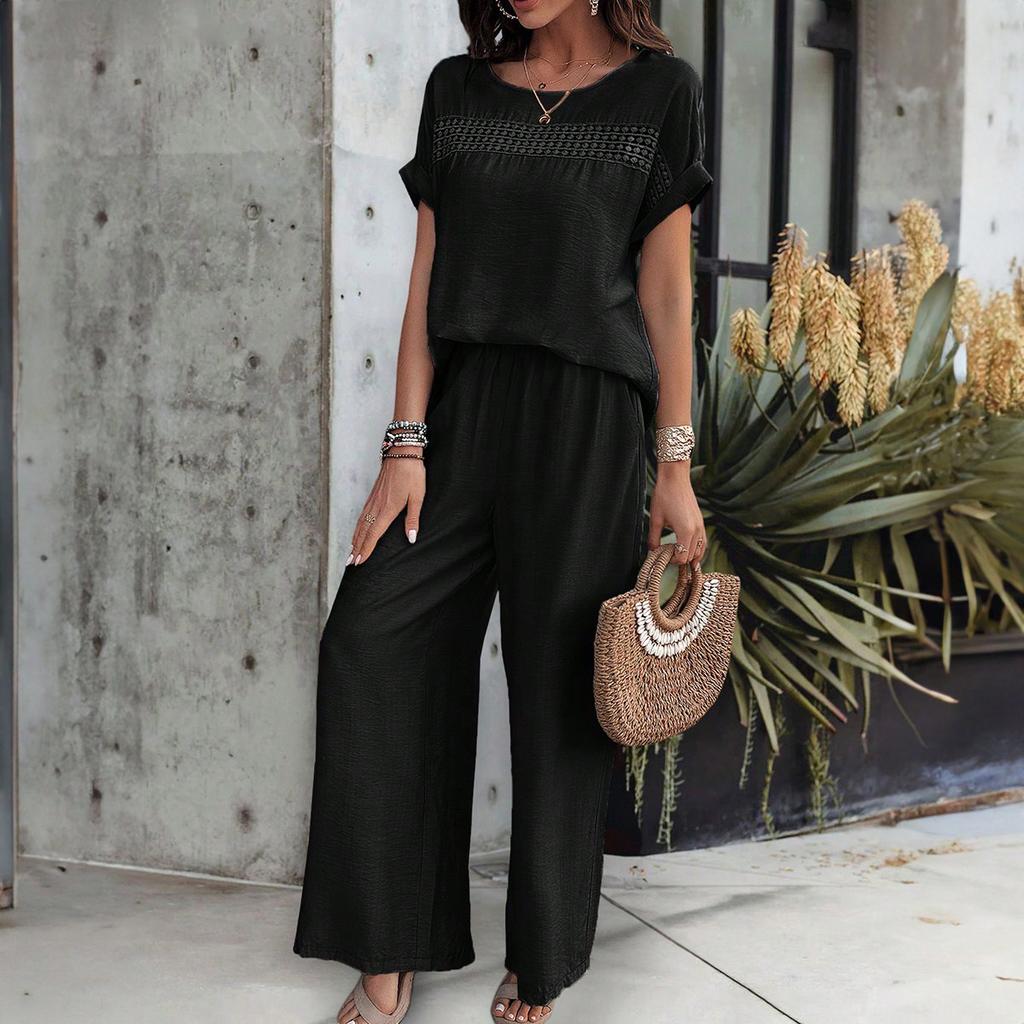 Women's Casual Fashion Solid Color Short Sleeve Long Pants Set