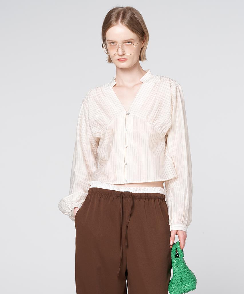 320SHOWROOM Shirred Texture Stripe Blouse Beige