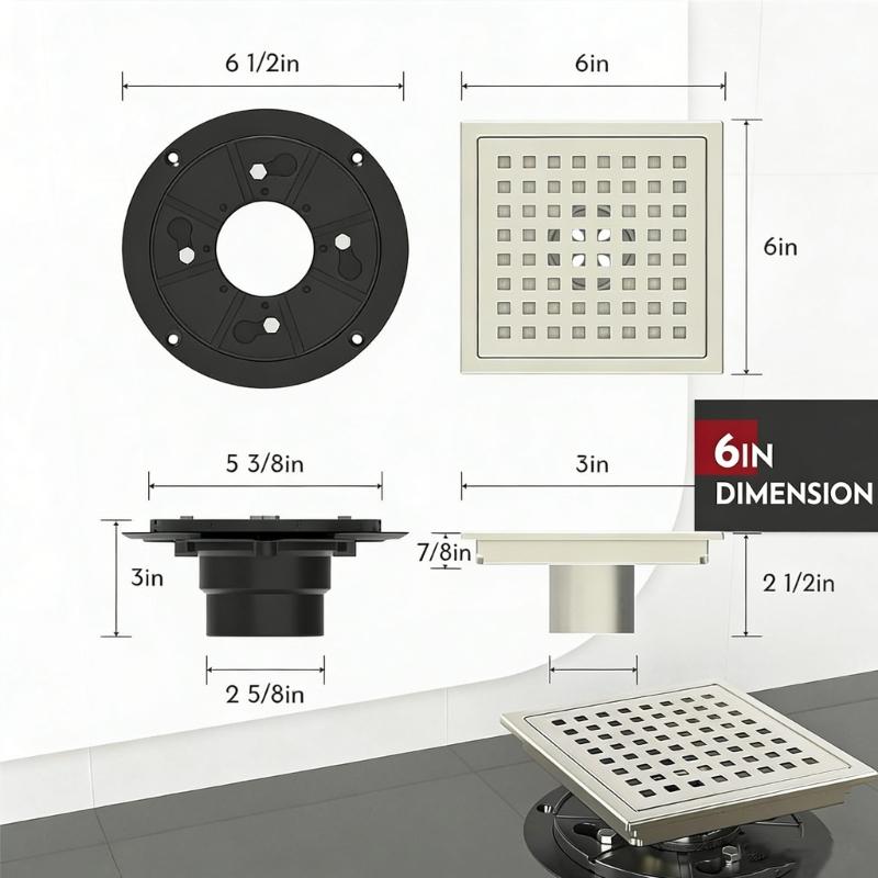 Stainless Steel Floor Drain Removable Hair Catcher Square Shower Drain with Flange for Bathroom, Kitchen Easy To Clean