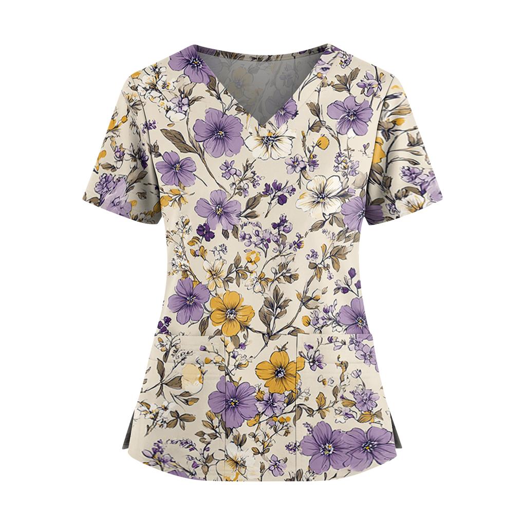 Women's floral print V-neck double pocket short-sleeved uniform/caregiver top with slits at the hem