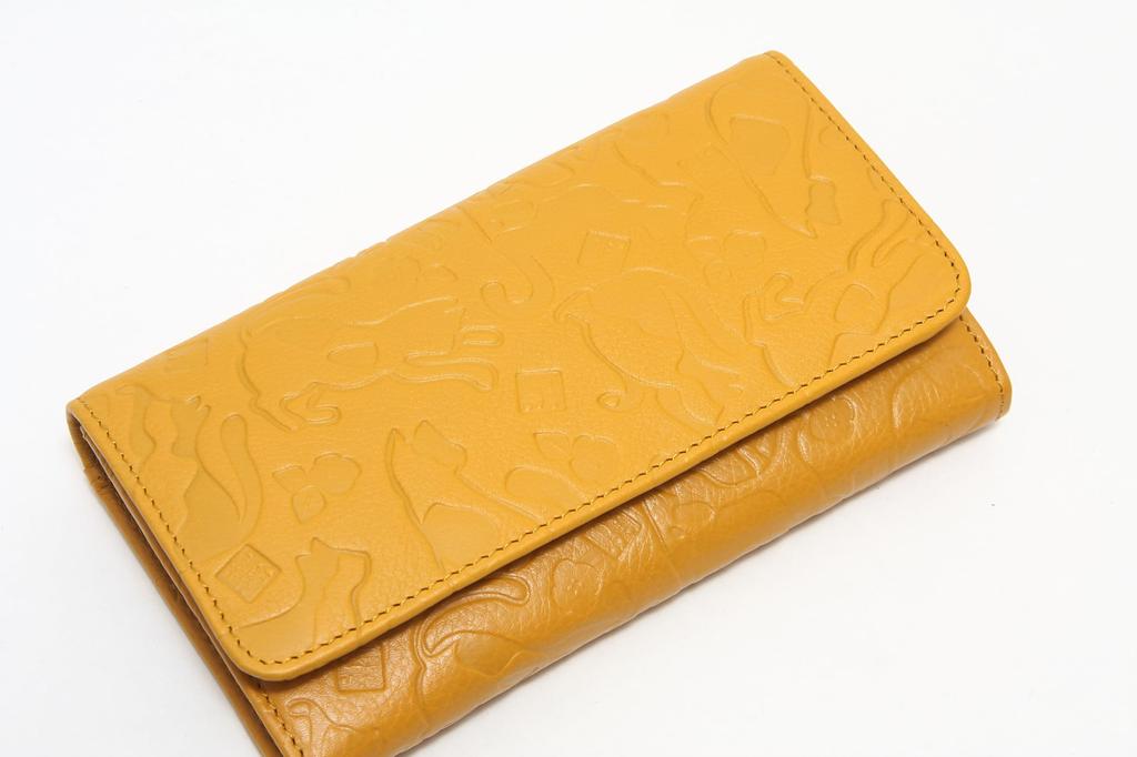 Hasegawa Women's Cat Print Long Wallet with Snap Buttons, Coin Purse, and Billfold, by Shuhei Nomura, Yellow