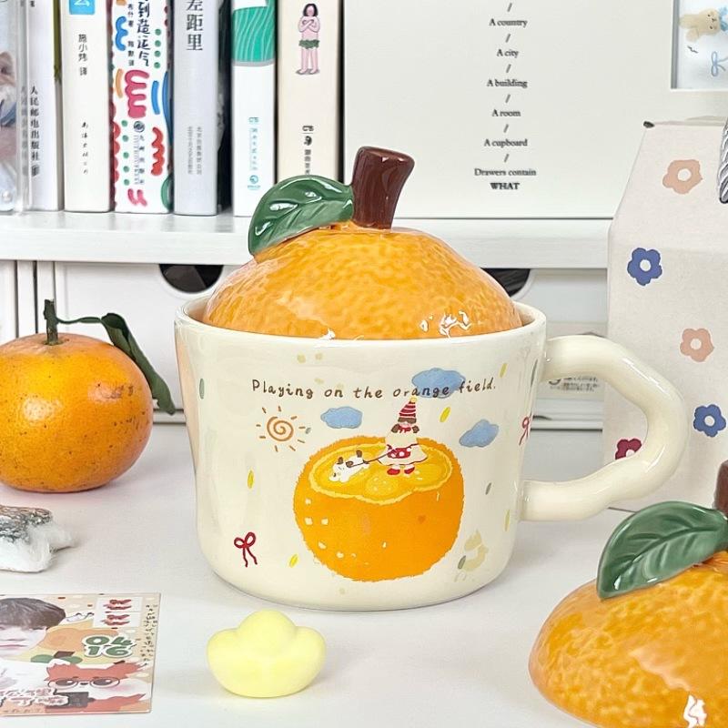 

Милая оранжевая кружка для девочки, высокая, керамическая кружка с крышкой, чашка для питья воды в офисе, подарок на день рождения для девочки 401-500ml