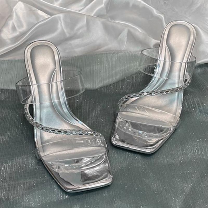 Neue Sommer Sexy Mode Zehenfrei Damen Sandalen Wasser Diamant Glänzend Quadratisch Kopf Bankett Damen High Heels Design
