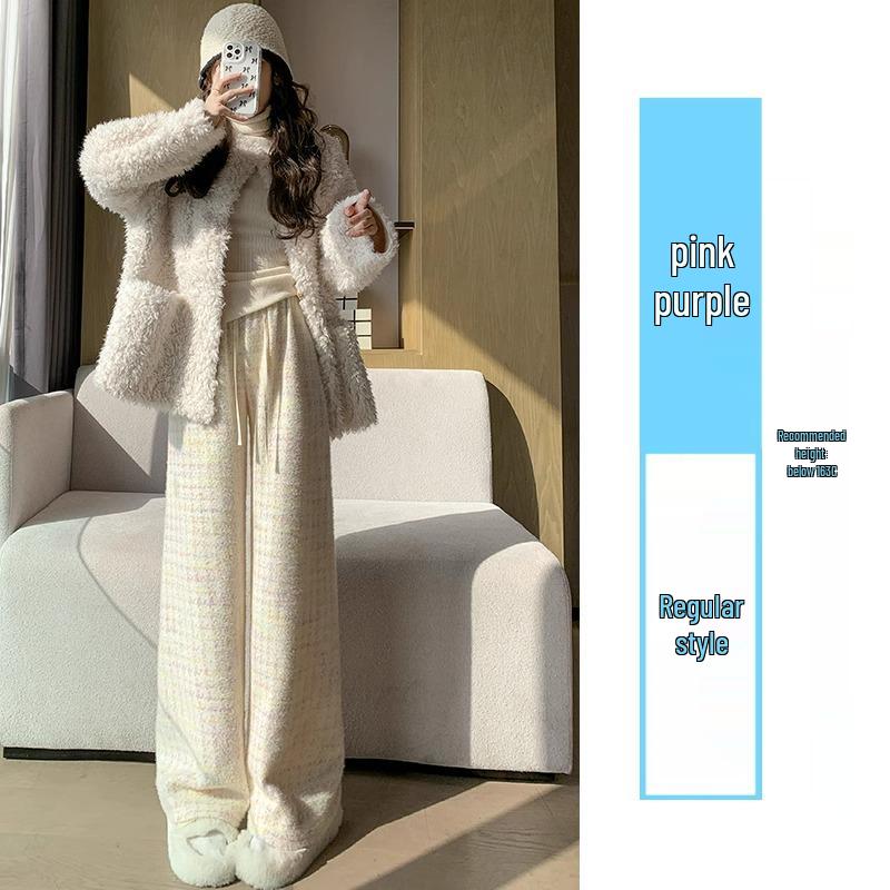 Petite Houndstooth Wide-Leg Pants: Women's Autumn Winter High-Waist Slimming Plaid Knit In Mink, Size XS.