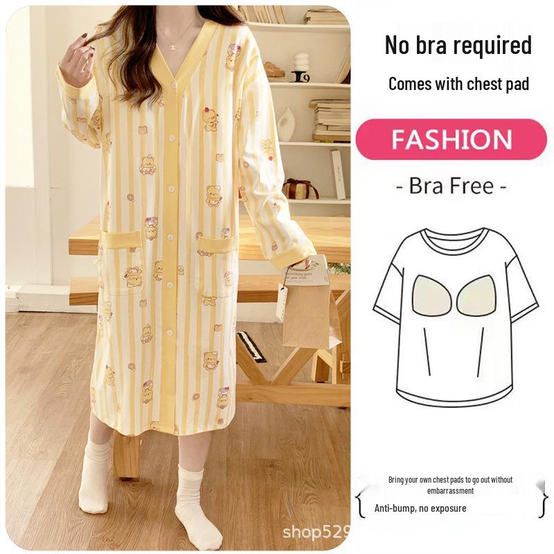Breathable Maternity Nightgown with Built-in Bra for Labor, Breastfeeding, & Postpartum - Spring & Autumn Style
