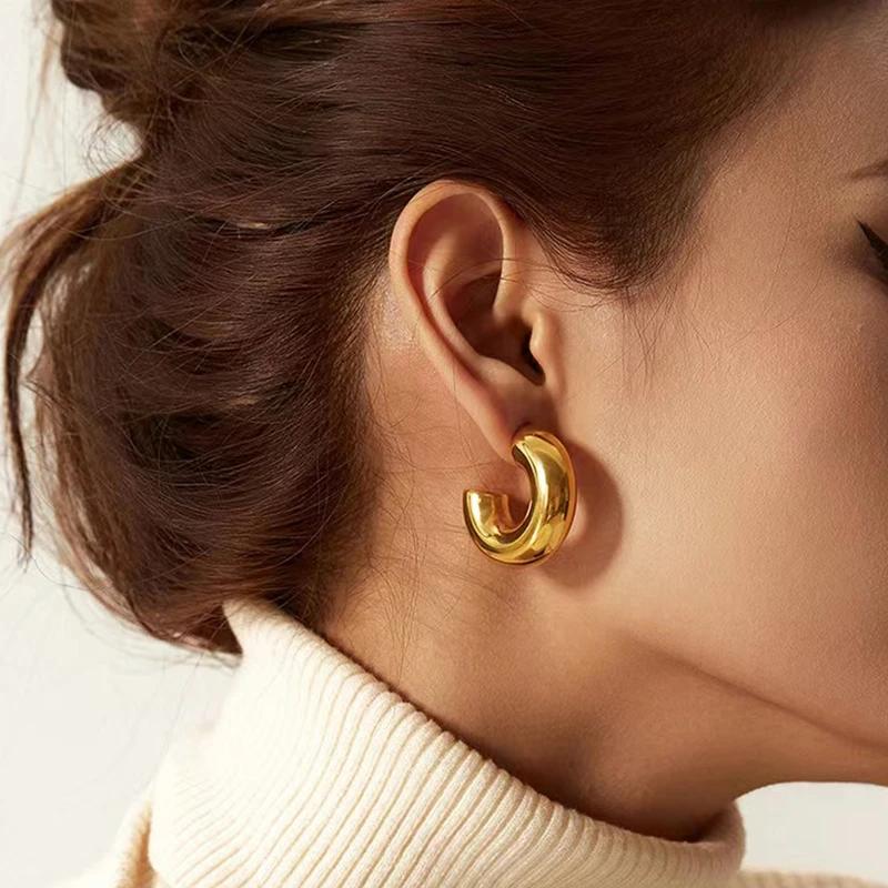 Fashion Thick Round C Shape Chunky Hoop Earrings Women Glossy Circle Gold  Color Steel Needle Stud Huggie Earrings Jewelry