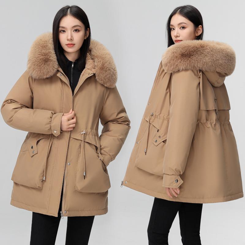 Pie overcome women's winter new waist and thin hooded big fur collar plush thickened short jacket padded jacket
