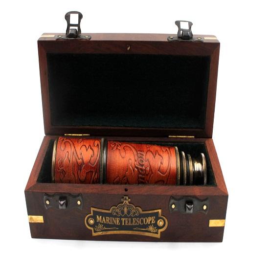 Look Nautical Brass and Leather Functional Telescope Wooden Case Pirate Spyglass, Sailor Gift Ideas, Collectible Home  Office Décor