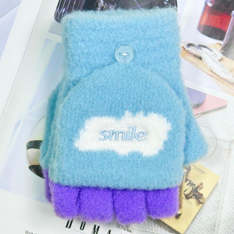 Baby knitted gloves autumn and winter boys and girls fleece warm cartoon cute flip half-finger gloves children's gloves