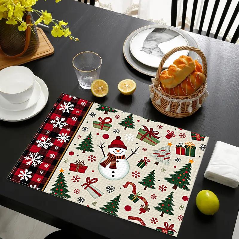 4pcs/6pcs Christmas Decorative Linen Placemats with Snowman, Gift & Tree 2D Flat Print. Whimsical Combo of Snowmen, Presents and Trees for Coffee or