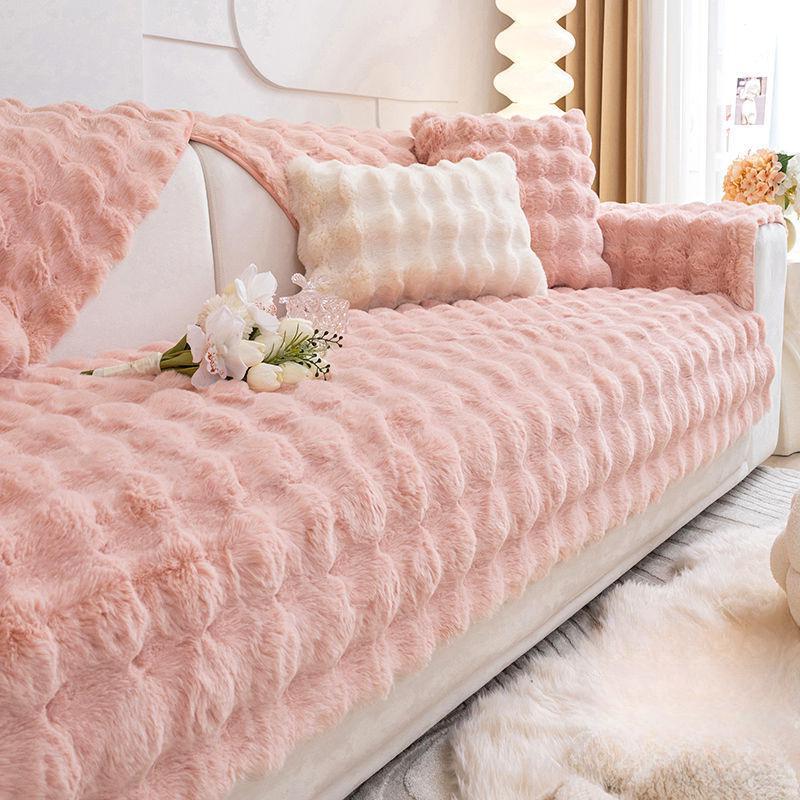 Warm Pink Plush Sofa Towel Soft Rabbit Winter Thickened Sofa Cover Cloth Non-slip Universal Pillowcover Home Protective Mat