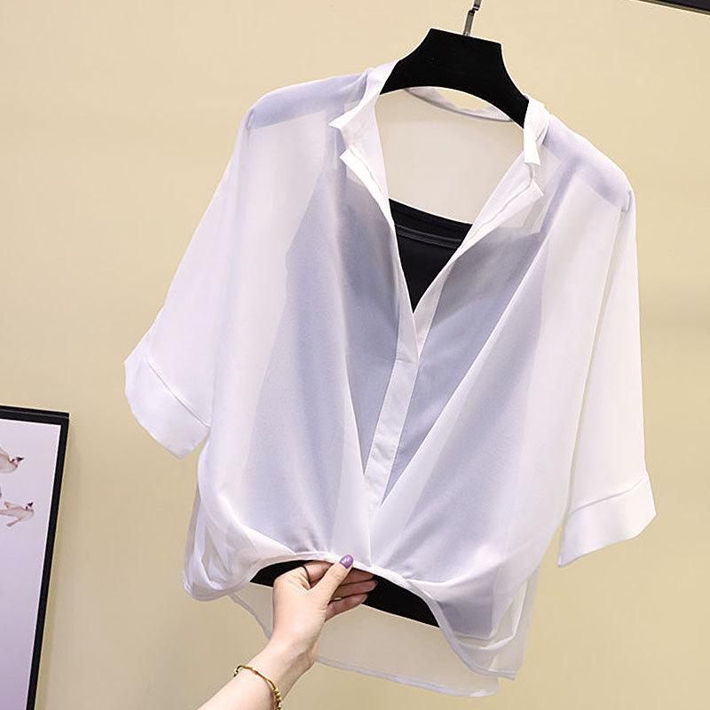 

Летние женские шифоновые рубашки в полоску, тонкие нерегулярные комплекты блузок, женские топы с рукавами «летучая мышь», состоящие из двух частей M белый