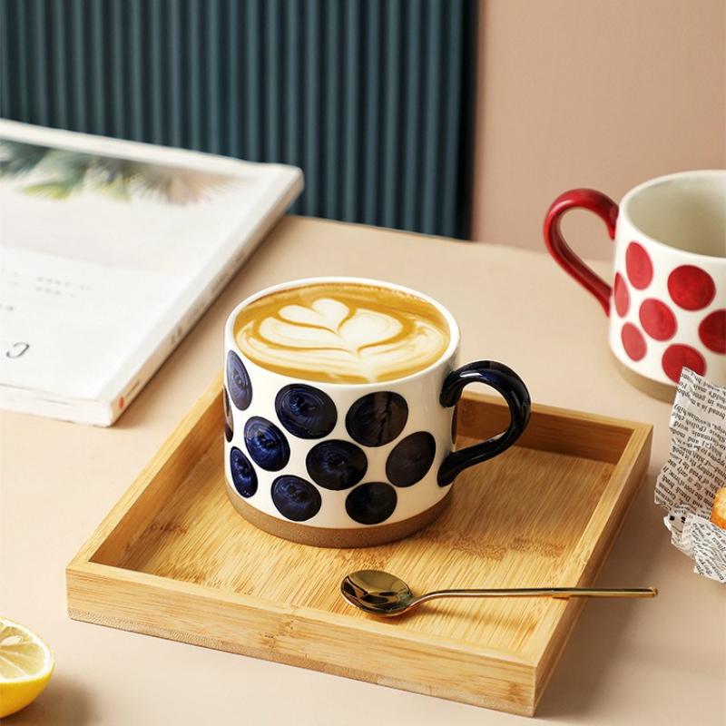 Cute Fruit Polka Dot Ceramic Mug 420ml, Hand Painted Porcelain Coffee Tea Cup, Large Capacity Breakfast Drinking Cup for Daily Use