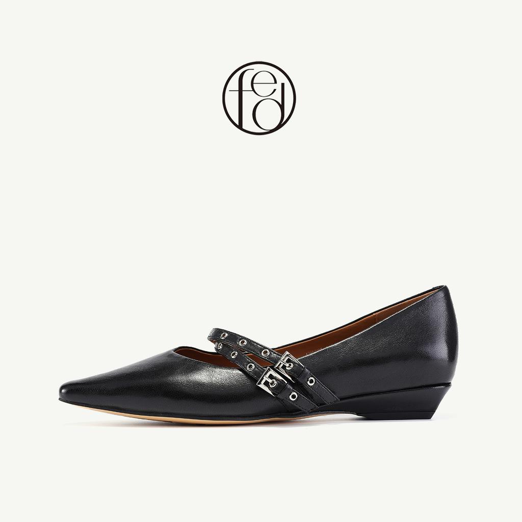 Spring genuine leather women's shoes with pointed toe, low heel, and sloping design, commuting fashion, Mary Jane shoes for women