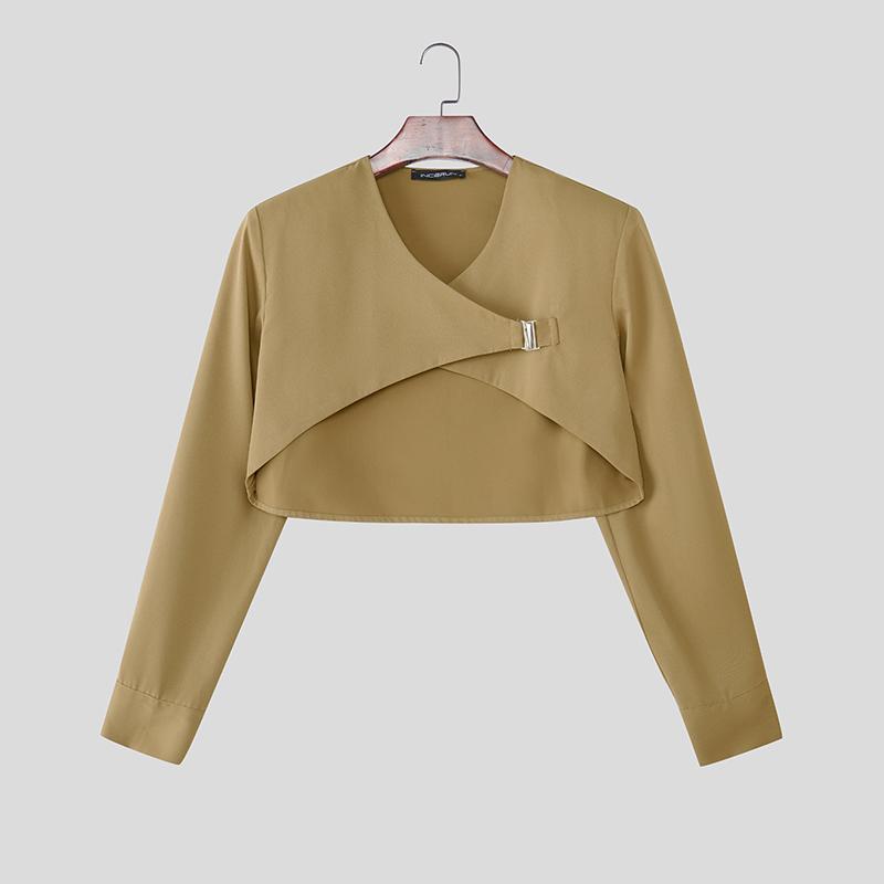 

INCERUN Мужские рубашки с длинным рукавом, без воротника, на одной пуговице, асимметричные, укороченные топы, микс-энд-матч XL хаки