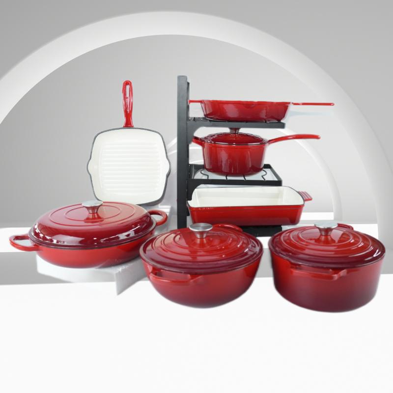 Classic 11 PCS Enamel Cast Iron Pot Set with Stew Pan Frying Multifunctional Oven Safe Cookware